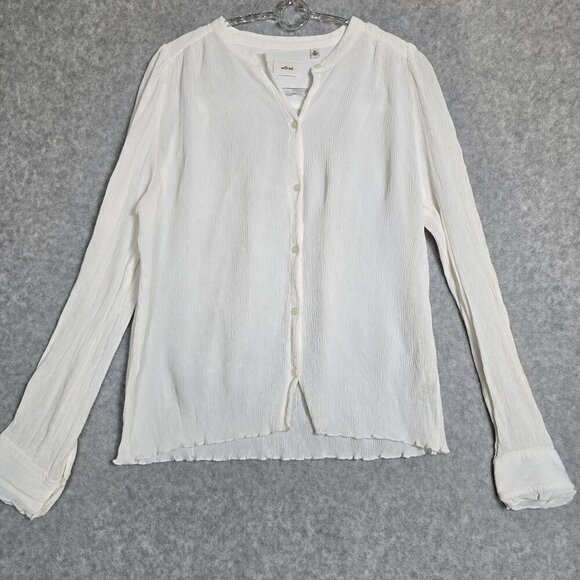 Aritzia Wilfred Women Sz M White Long Sleeve Crinkle Button Up Lettuce Hem Work - Picture 1 of 10